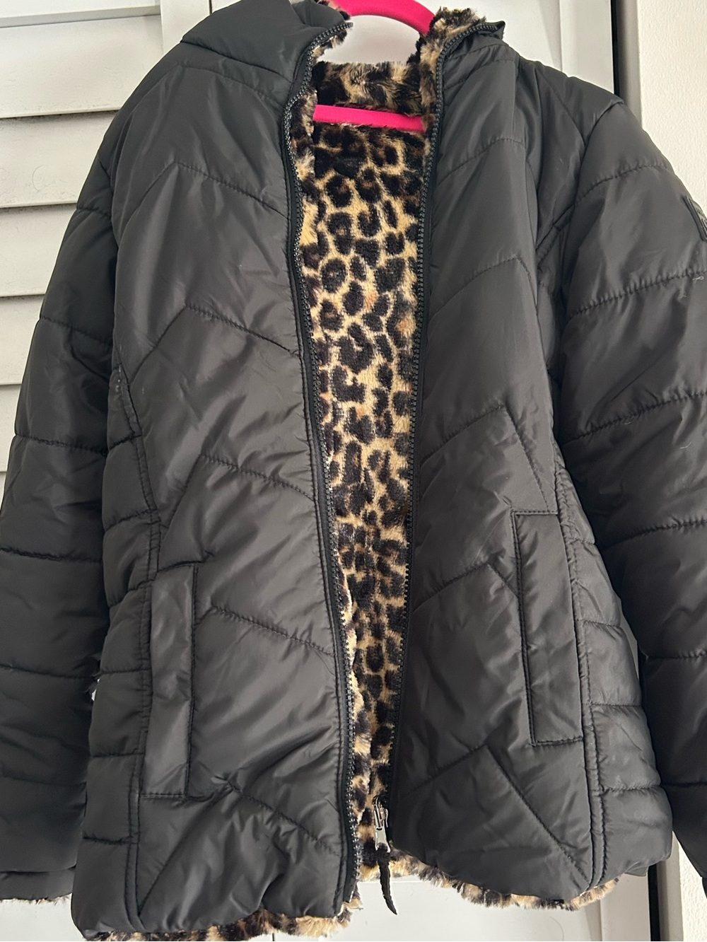 Madden Girl Black Puffer Jacket with Leopard Faux-Fur Lining